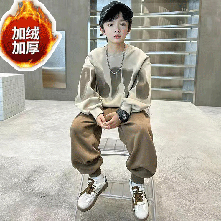 加绒加厚男童套装儿童运动服2024新款男孩卫衣韩范帅气时髦秋冬款