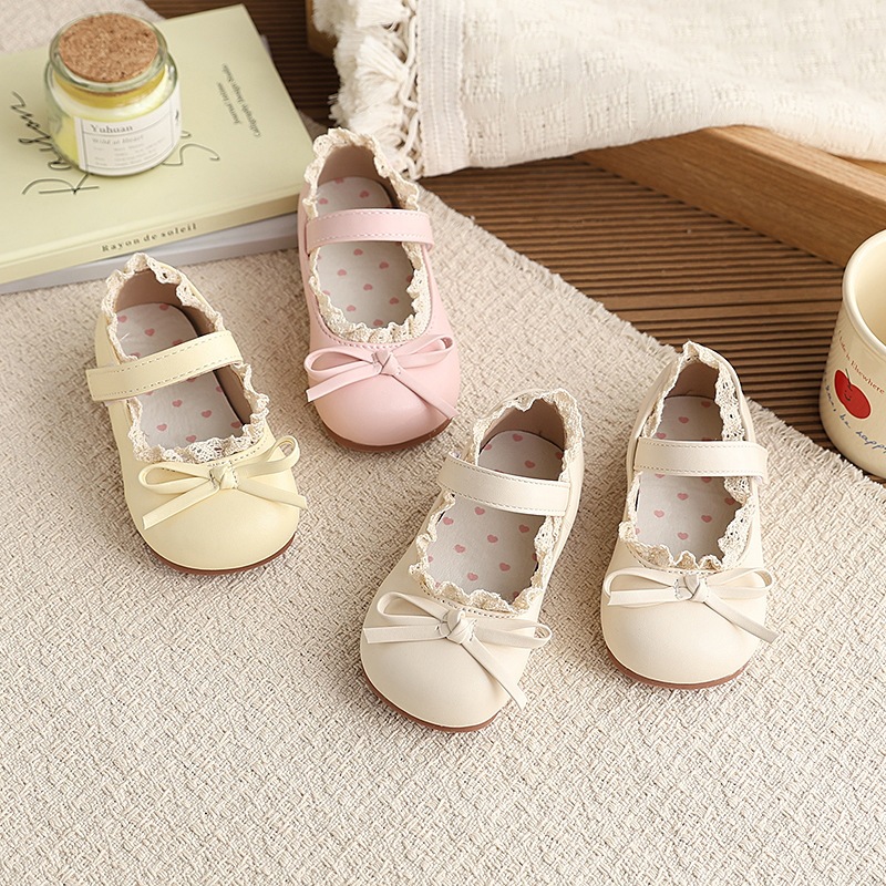 Girls Lace Trimmed Bow Leather Shoes Soft Soled Mary Jane Princess Style New Spring Autumn Versatile Kids Footwear_voghion.com