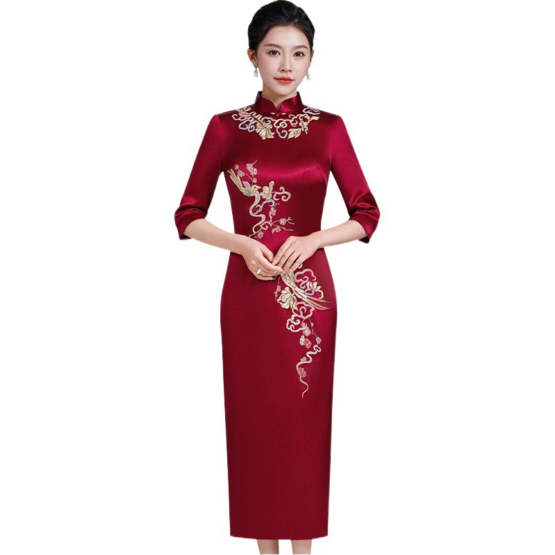 Высокая-конец вышитые свадебные мама ацетат Cheongsam платье Весна и осень Новый Cheongsam средней длины счастливый мать-в-законе свадебное банкетное платье