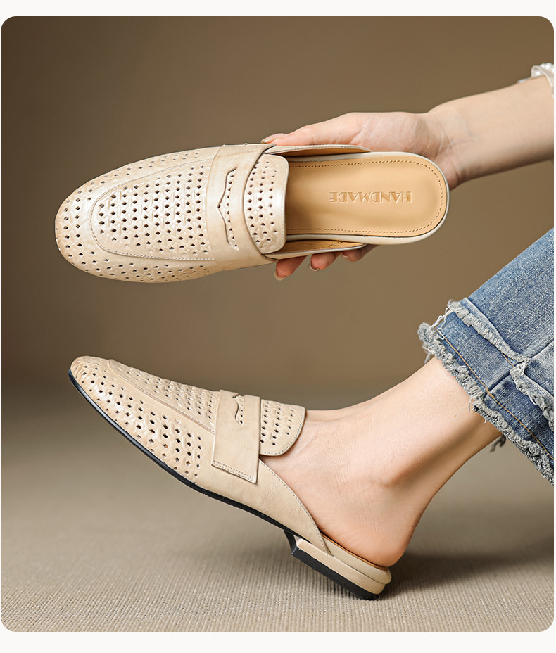 Giày mule nữ da bò mũi vuông hở gót đế bằng — đen chi tiết 8