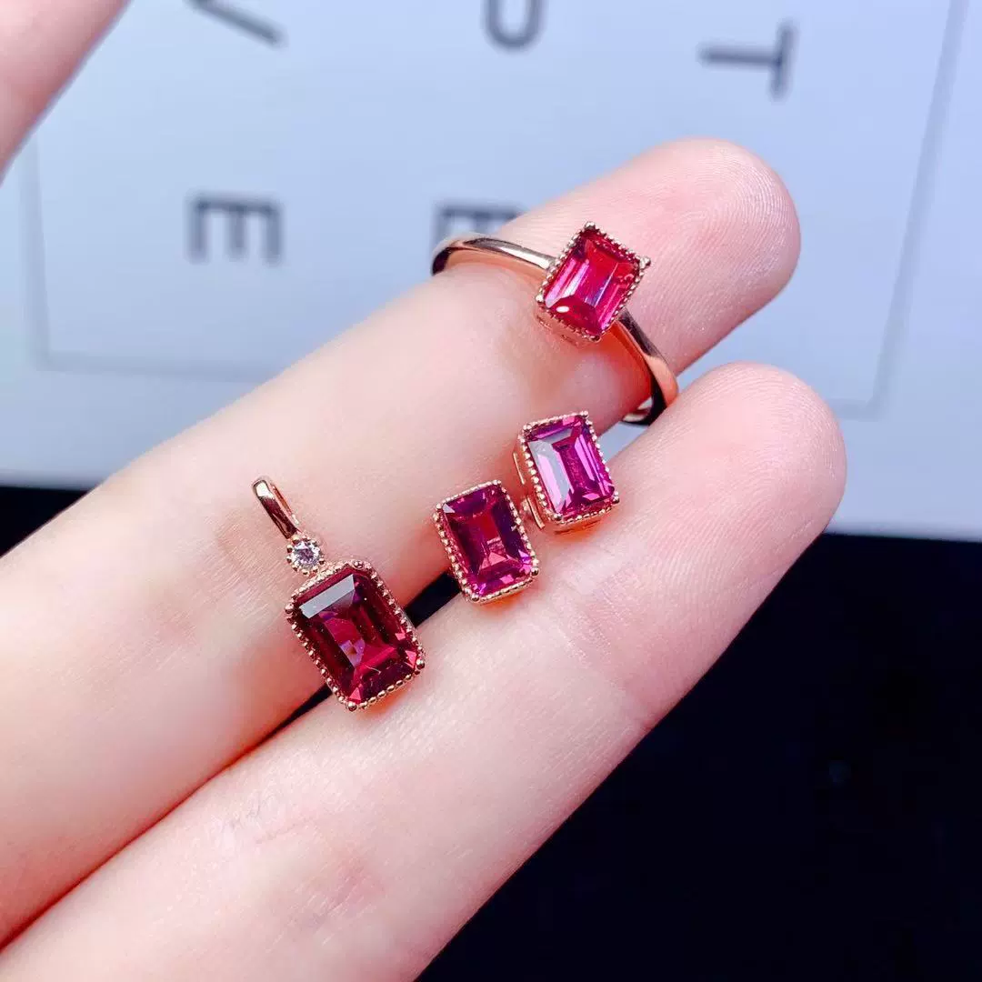 Набор из натурального магниевого алюминиевого граната, прямоугольный, простой, модный, красочный, кольцо с подвеской, серьги, цепочка на ключицу, ювелирные изделия для женщин