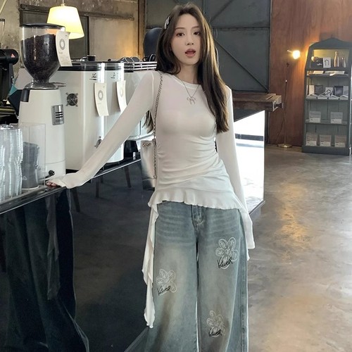 Korean-style pure desire irregular ruffled ribbon long-sleeved T-shirt women's summer design sweet spicy slim-fit blouse top