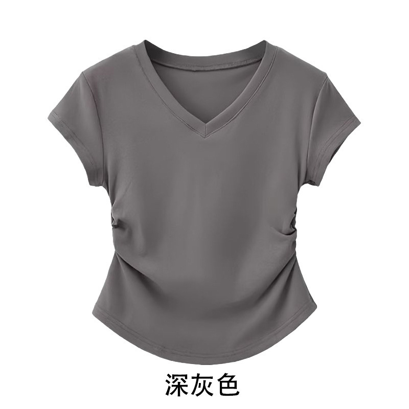 クロスボーダーVネックプリーツウエスト無地右肩半袖レディースTシャツカスタムレディースフィットスリムトップボトリングシャツ女性用|undefined