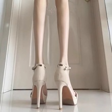 2024年新款夏季专柜同款高跟鞋一字带扣10cm细跟裸色防水台凉鞋女