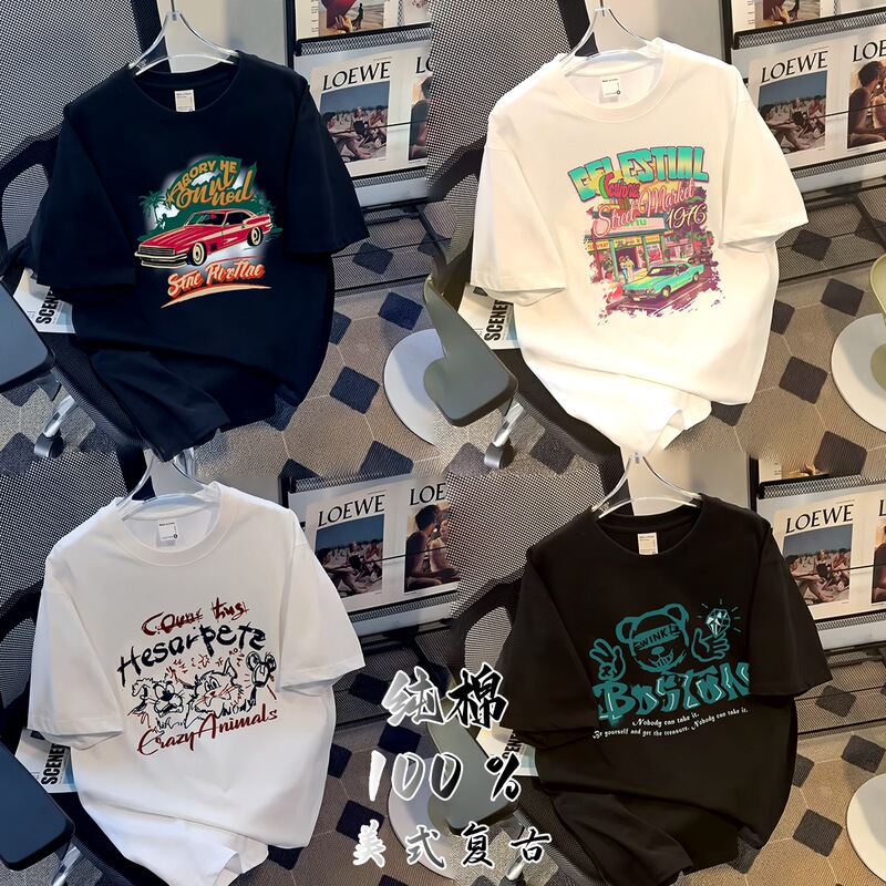 American Style Retro Pure Cotton Short-sleeved T-shirt Unisex Men's Crewneck Loose plus size Top Trendy Brand Casual All-match Hair