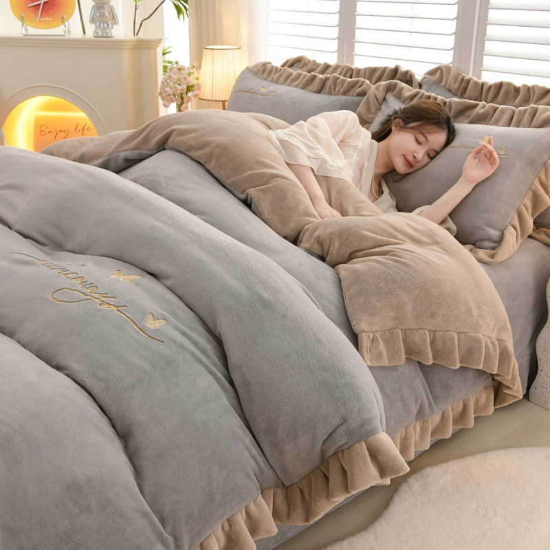 Demi-season velvet autumn warm jeans, double-sided fleece coral duvet cover, flannel set, with embroidery, 4 piece set