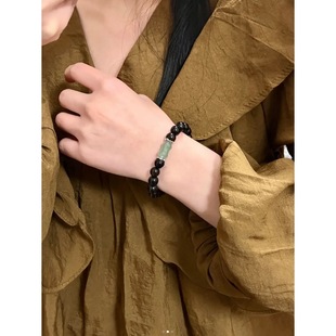 Ebony Wood with Green Aventurine Single Circle Bracelet for Girls, Round Beads, Sandalwood Wooden Buddhist Beads Bracelet for Couples, Men