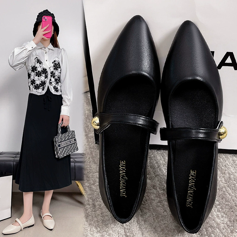 Однослойные туфли с острым носком женские туфли на плоской подошве 2023 Новый корейский стиль ретро в сказочном стиле Мэри Джейн туфли из мягкой кожи с мягкой подошвой молочные туфли