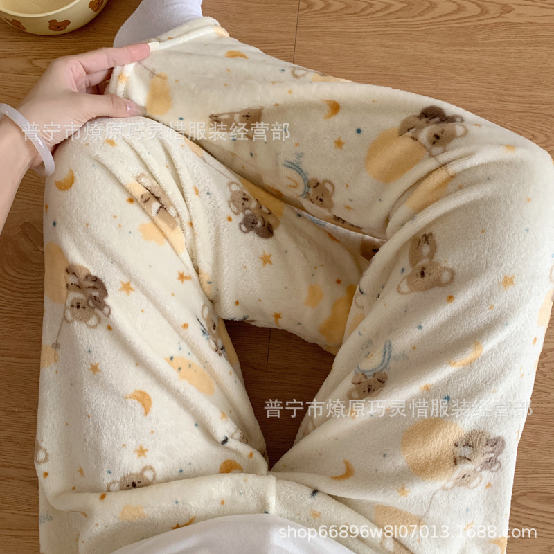 Pantalones de pijama de franela de coral de dibujos animados, pantalones de pijama de hombre, pantalones de invierno de otoño de mujer, pantalones caseros