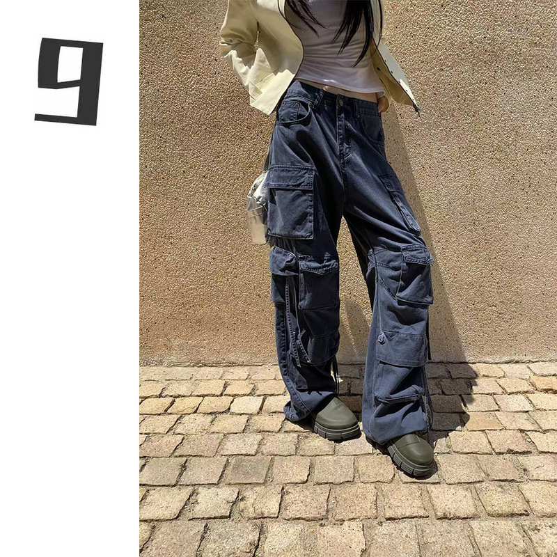 [9Hour] High Street Sexy Design Workwear Jeans for Women 2025 Autum Multi-Flap Pocket Pants Straight Pants Lq1367