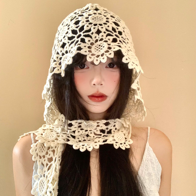 Crochet Lace Hollow Hat for Women, Ethnic Style Travel Wear, Photo-Taking, Face-Showing Small Pullover Hat, Knitted Toe Cap