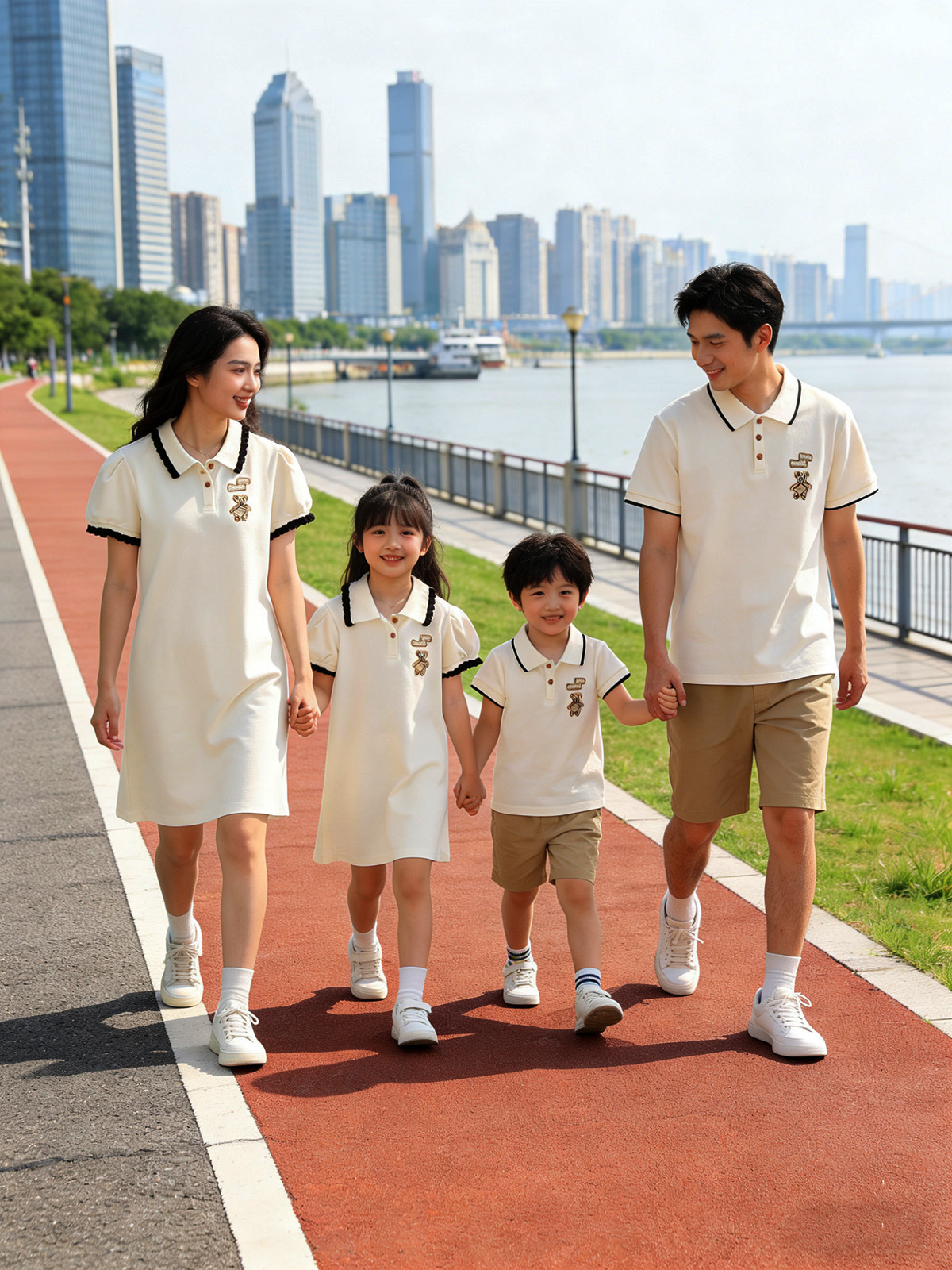 Oso bordado ropa padre-hijo verano una familia tres o cuatro madre-hijo madre-hija vestido bebé mameluco POLO solapa manga corta