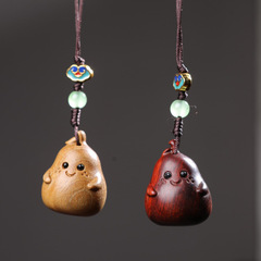 綠檀木卡通梨永不分離情侶手機掛鏈 實木雕刻可愛梨包包裝飾掛件