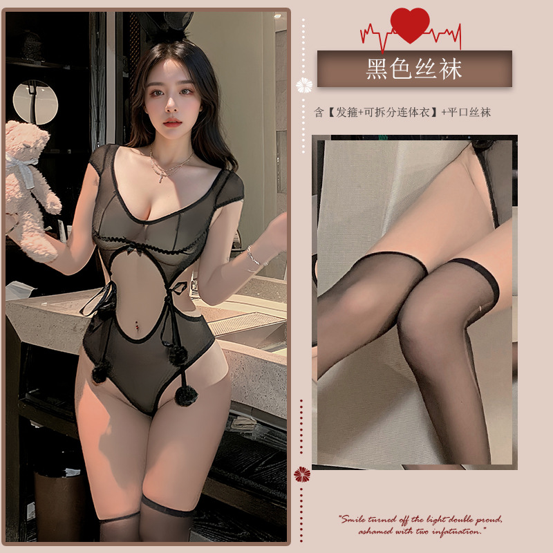 블랙 [머리띠 + 탈착식 점프수트] + 블랙 플랫 스타킹