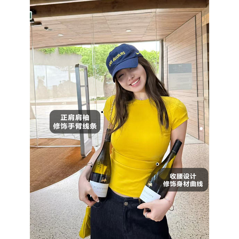 ミントグリーンショルダー半袖Tシャツ女性用2025新しいラウンドネックスリム夏ドーパミン着用ホットガールBMトップ|undefined