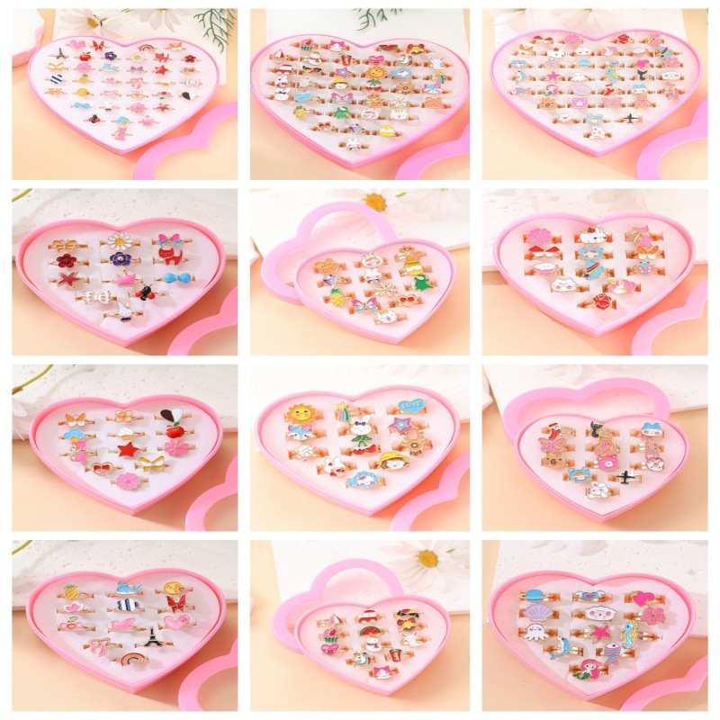 Anillo de aleación de joyería infantil de estilo coreano anillo de dibujos animados lindo para niños lindo hermoso mezclado 36 piezas 1 caja