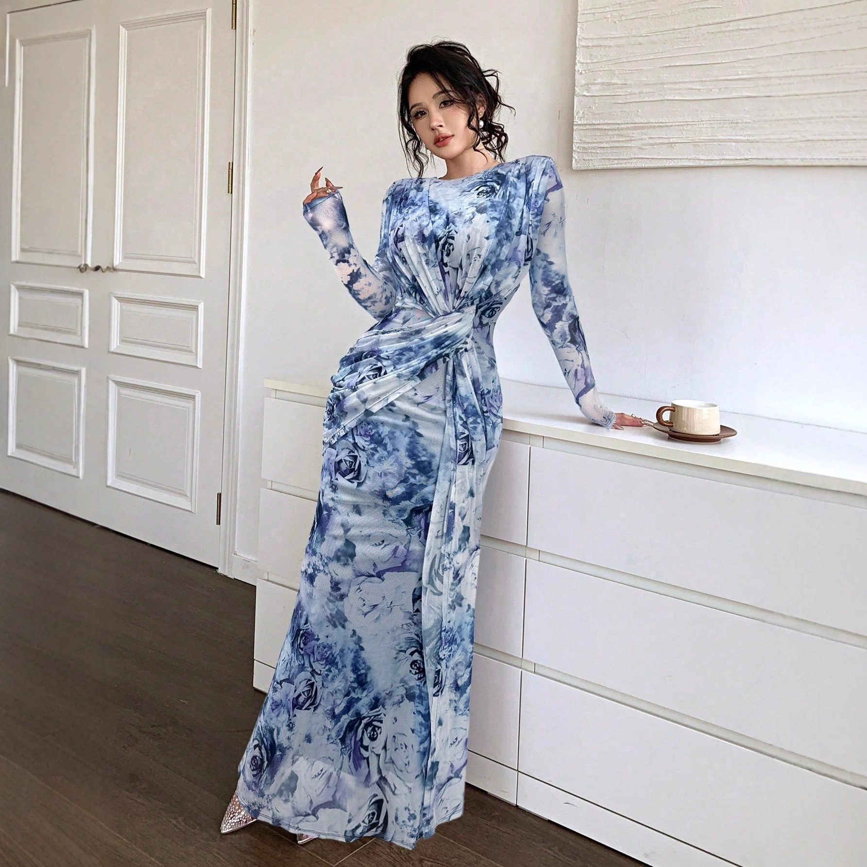 Summer Women's U Neck Long Sleeve Patchwork Slim Fit Printed Maxi Dress_ecoleips.com