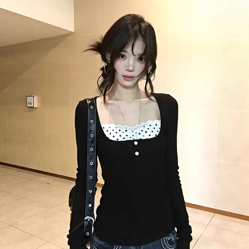 [260g Rayon Modal] American-Style Spicy Girl Square-Neck Lace Polka Dot Slim-Fit Faux Two-Piece Base Shirt Top