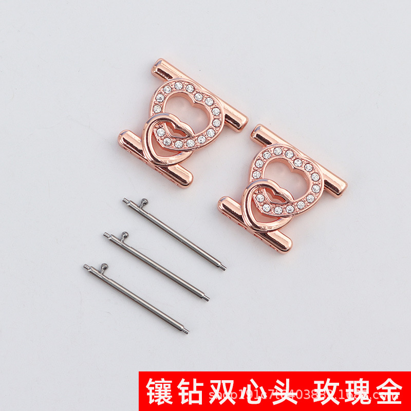 Khóa đôi trái tim đính cườm mạ vàng hồng đính kim cương mới. / Giao diện 18mm (kèm kim tháo nhanh)