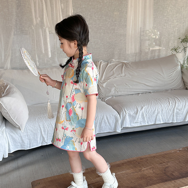 [Bienestar de verano] Nuevo cheongsam chino para niñas, vestido Tang con hebilla de disco mejorado, falda Hanfu para niños de verano image 4