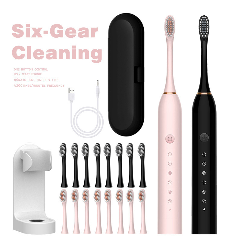 Cross-Border 6-Speed Sonic Electric Toothbrush USB Rechargeable Portable Waterproof Couple Toothbrush Soft Bristle Travel Toothbrush Set