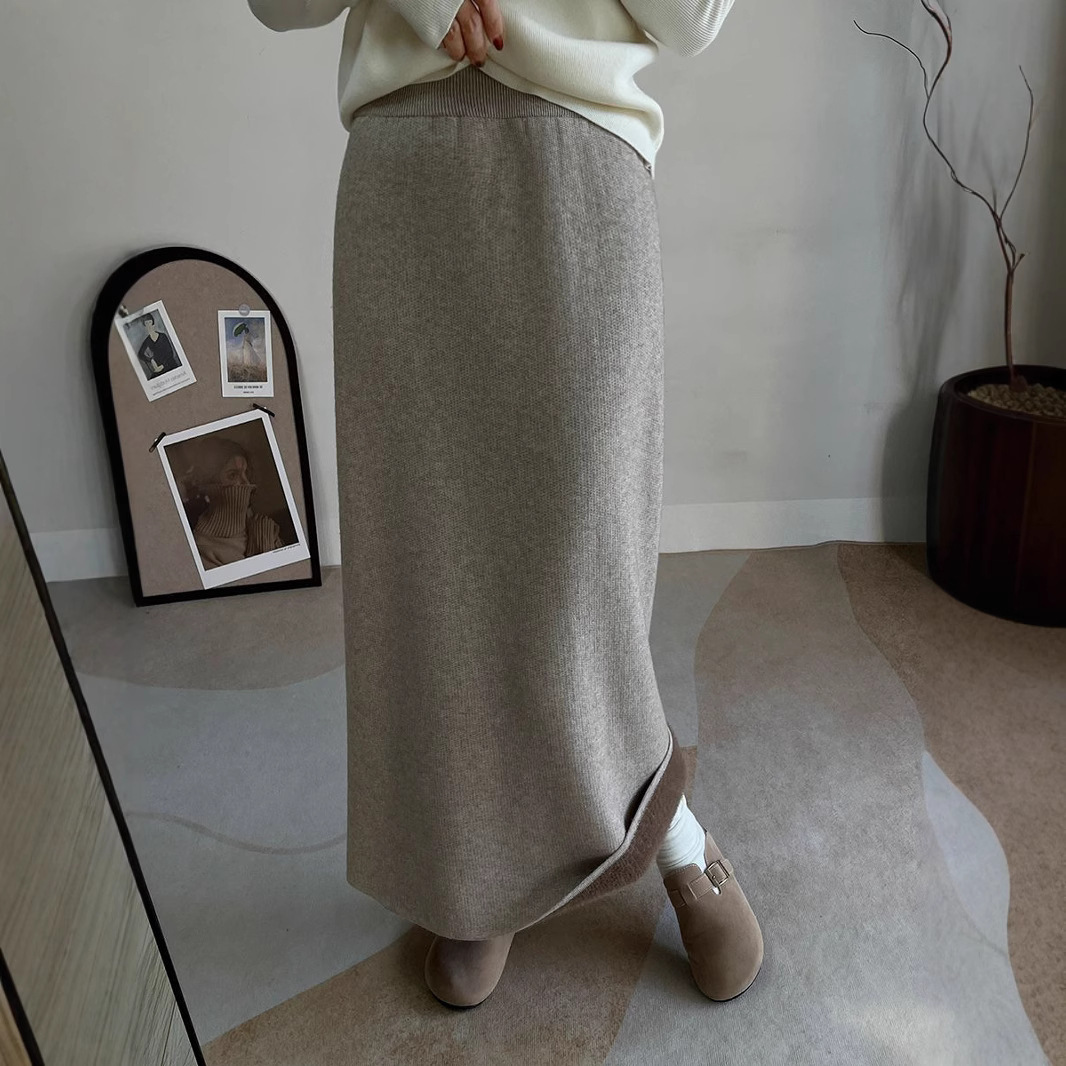 冬季加绒高腰开叉针织半身裙女长裙遮胯宽松直筒裙百搭包臀裙跨境