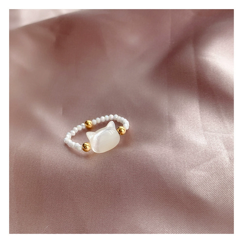14K gold extremely thin black cat ring Japanese crystal stone black crystal personality bead string ring trendy gold plated