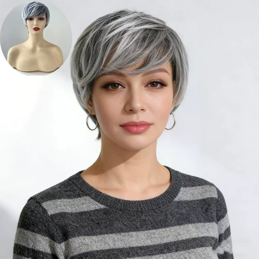 亚马逊新品假发女欧美时尚短直发黑白染色混色化纤短发头套女跨境