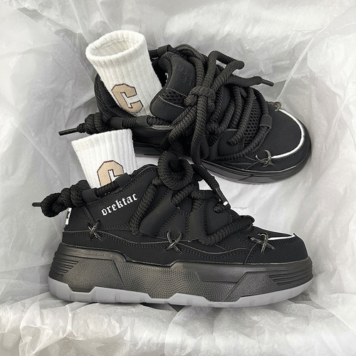 Thick sole increased black bread shoes for women  new winter casual versatile dad shoes couple retro sports shoes