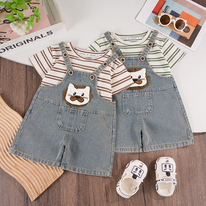 Boys and Girls Baby Cartoon Cute Denim Overalls Children's Suit Wholesale Children's Summer Striped Short T-Shirt Children's Clothing