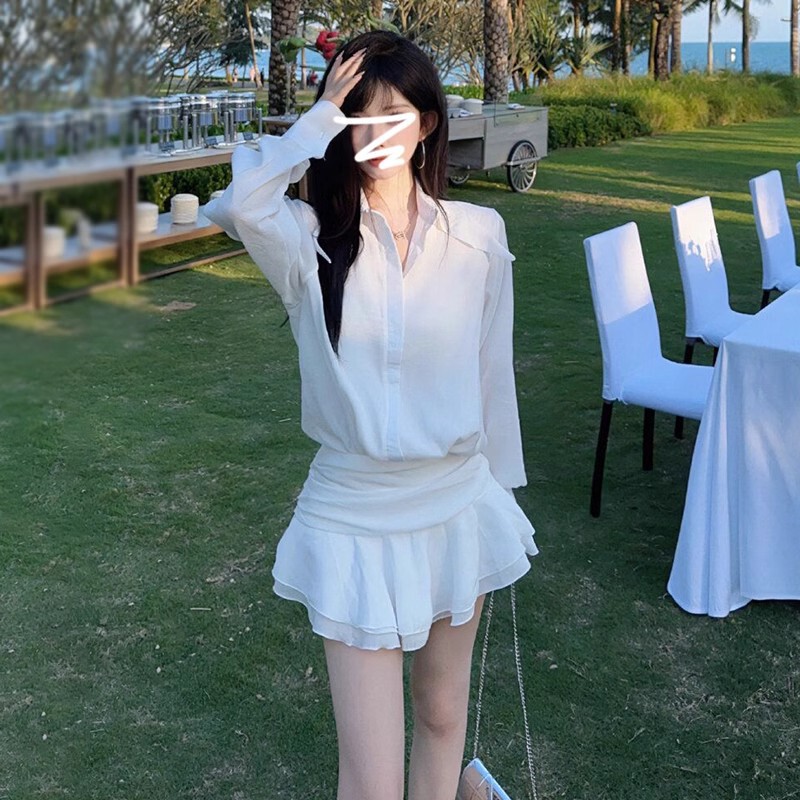 French White Shirt Dress for Women Autum 2025 New Elegant High-End Waist Ruffled Skirt for Women French White Shirt Dress for Women Autum 2025 New Elegant High-End Waist Ruffled Skirt for Women