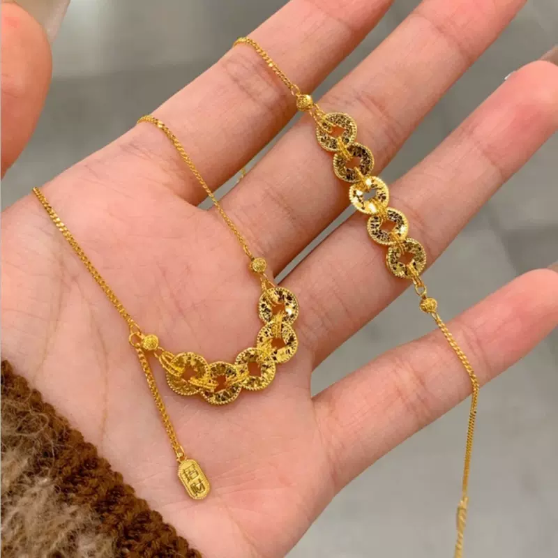 s925纯银碎冰冰五帝币项链女金光闪闪时髦新中式2025爆款招财纳福