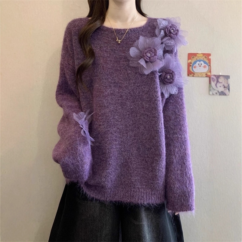 High-End Knitwear Flower Purple Knitwear Top Autumn and Winter New Large Size Women's Fat mm Loose Thick Knitwear