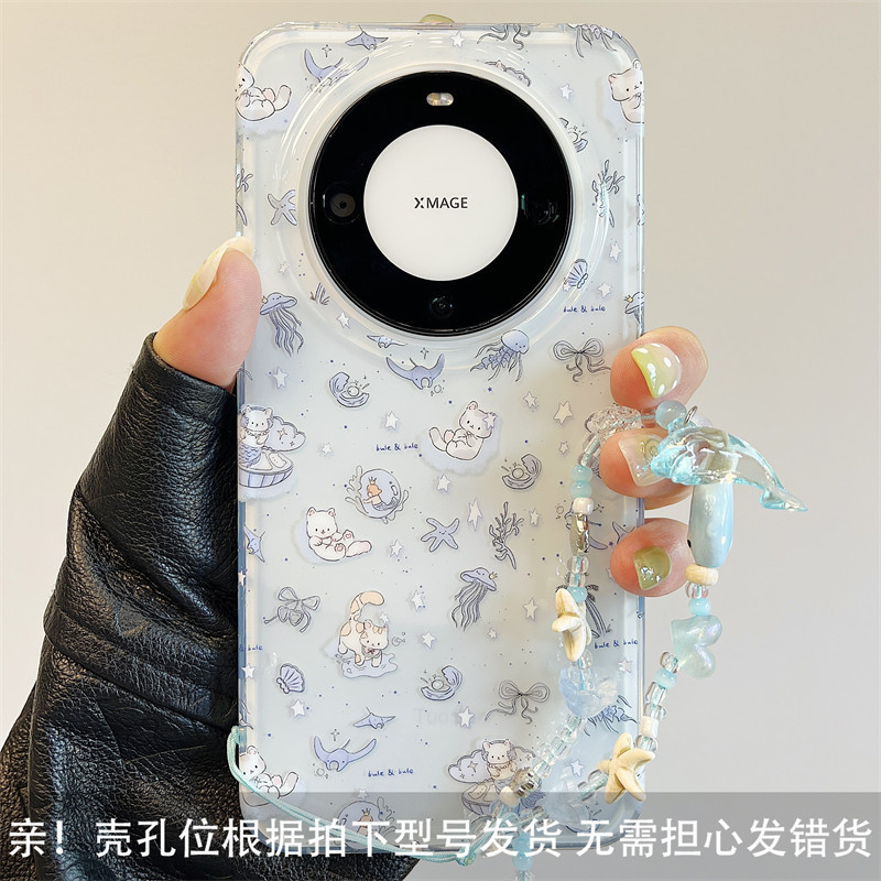 适用华为mate60pro+新款手机壳双层泼墨晕染蓝海洋世界卡通猫咪mate70pro挂绳pura70pro硅胶防摔网红女|undefined