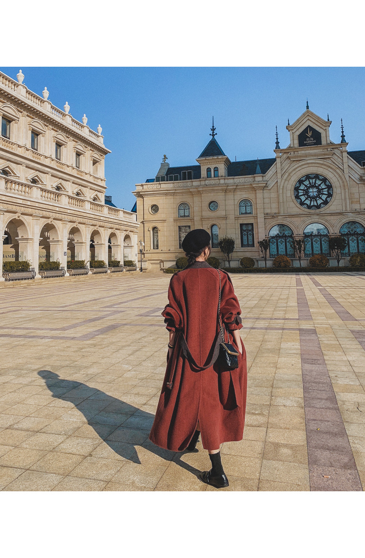 Women's Long Woolen Coat Brick Red Hepburn Style Winter Overcoat_voghion.com