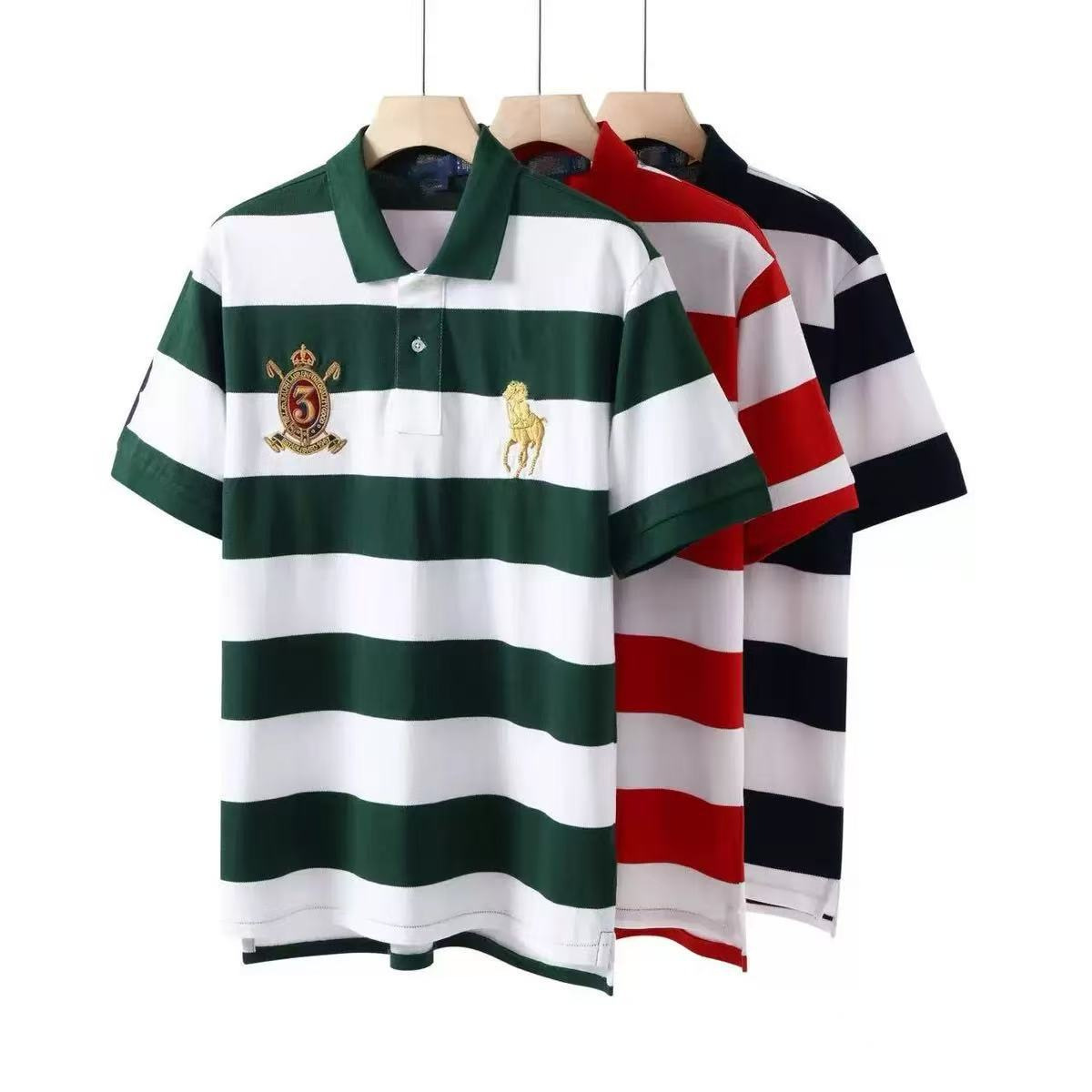 Summer New Style Horse Embroidered Men's Stripesd Short-Sleeved Casual Polo Shirt American Retro Polo Shirt Lapel T-Shirt
