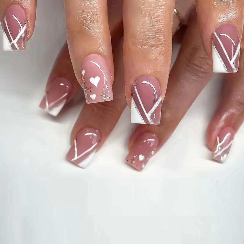Cross-Border Chinese-Style Simple and Fashionable White Striped Nail Art with White Heart-Shaped Glitter Design Wearable Nails