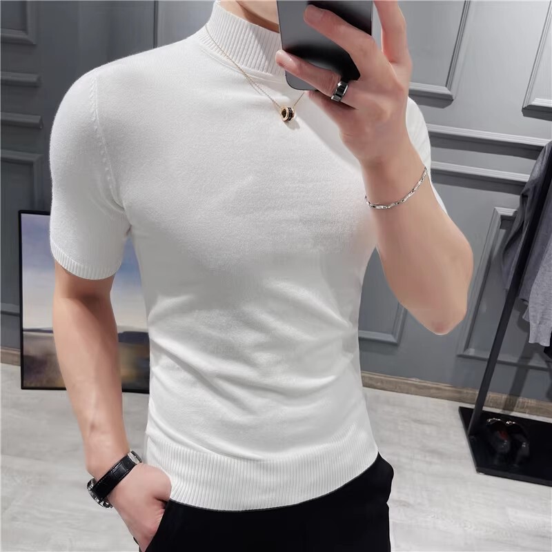 Men's Knitted Half-Turtleneck T-Shirt for Autumn and Winter, Slim Fit Solid Color Mid-Neck Base Sweater, Korean Style Slim Fit Men's Knitted Half-Turtleneck T-Shirt for Autumn and Winter, Slim Fit Solid Color Mid-Neck Base Sweater, Korean Style Slim Fit