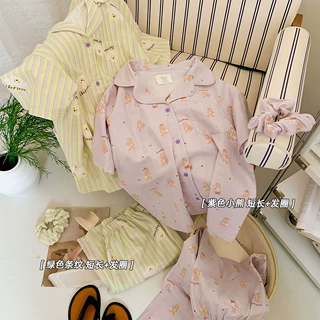 韩版简约可爱小熊睡衣女夏季双层纱棉布短袖长裤女士家居服套装女