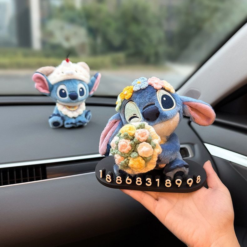 Stitch-Themed Temporary Parking Number Plate for Car, In-Car Phone Number Display, High-End Car Accessory for Women