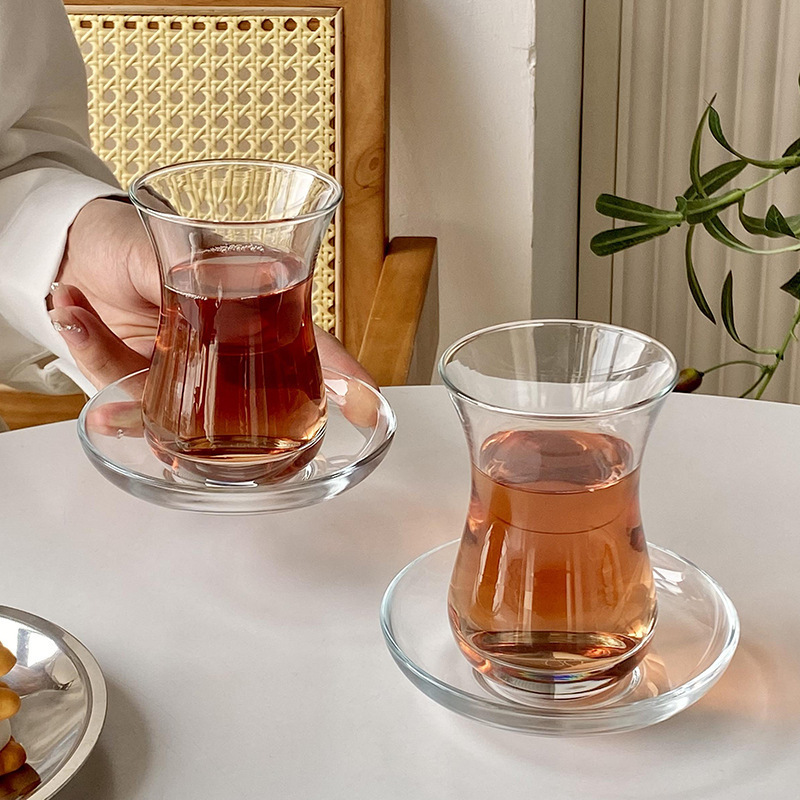 Turkish Black Tea Cup, Heat-Resistant Glass Cup with Saucer, European-Style Afternoon Tea Snack Saucer, Coffee Extraction Flower Tea Small Cup