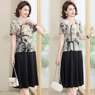 Chinese Style Mother Summer New Fashion 2024 dress Two Piece Stitching Slimming Short-sleeved Elegant Skirt for Middle-aged and Elderly