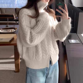 秋冬三股加厚100羊毛开衫女双拉链针织宽松毛衣外套上衣麻花外搭