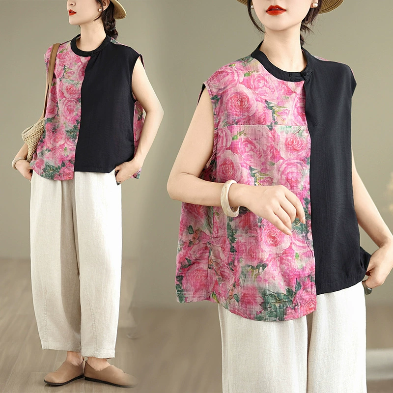 Летняя женская тонкая асимметричная сшитая рубашка без рукавов