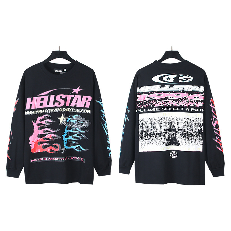 Hellstar アメリカのトレンディなハイストリートレトロウォッシュ加工プリントストリートロックスウェットシャツ長袖 Tシャツ男性と女性のトップス|undefined