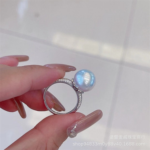 Edison Pearl 10-11mm Zircon Inlaid Ring Perfect Round High Luster S925 Silver Adjustable Open Ring for Women
