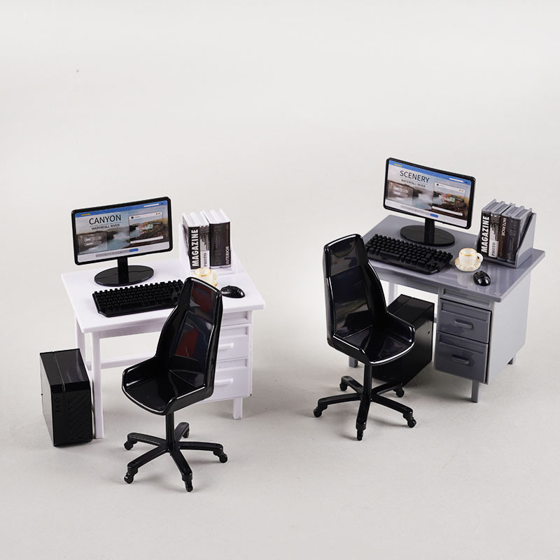 Miniature simulated computer desk, office desk and chair model, dollhouse decoration, children's pretend play toy accessories