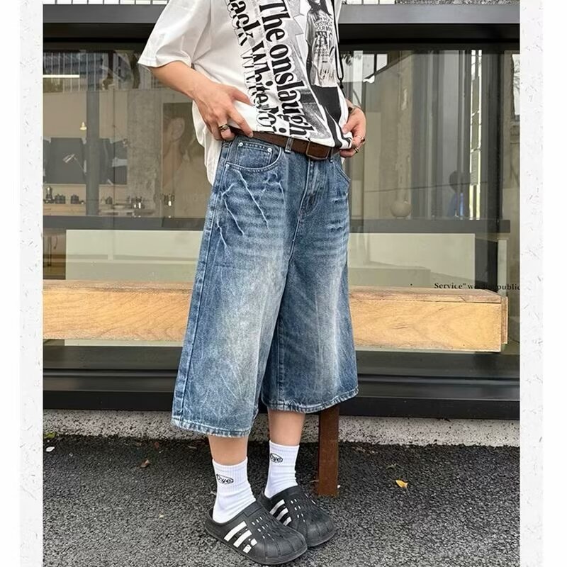 American Style Retro High Street Washed Lightning Pattern Design Jeans Men's Tie-Dye Fashionable Loose Wide-Leg Cropped Pants