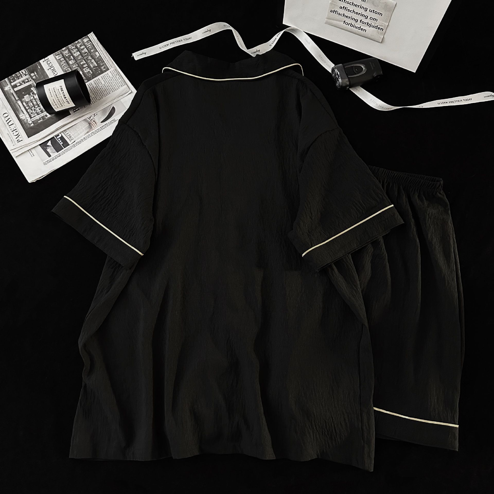 Pijamas de hombre de hilo de algodón de nube negra simple pantalones cortos de verano de manga corta ropa de hogar de gran tamaño casual traje de verano