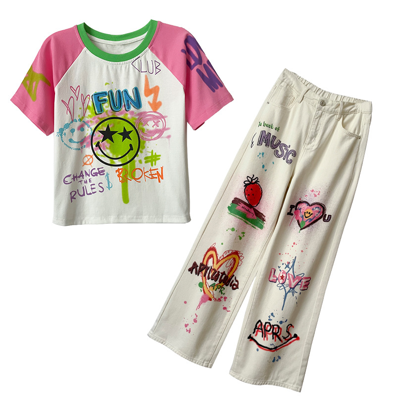 Damkläder Graffititryck kort söt kortärmad T-shirt ny sommarmodetrend personlighet graffiti jeans med vida ben _voghion.com